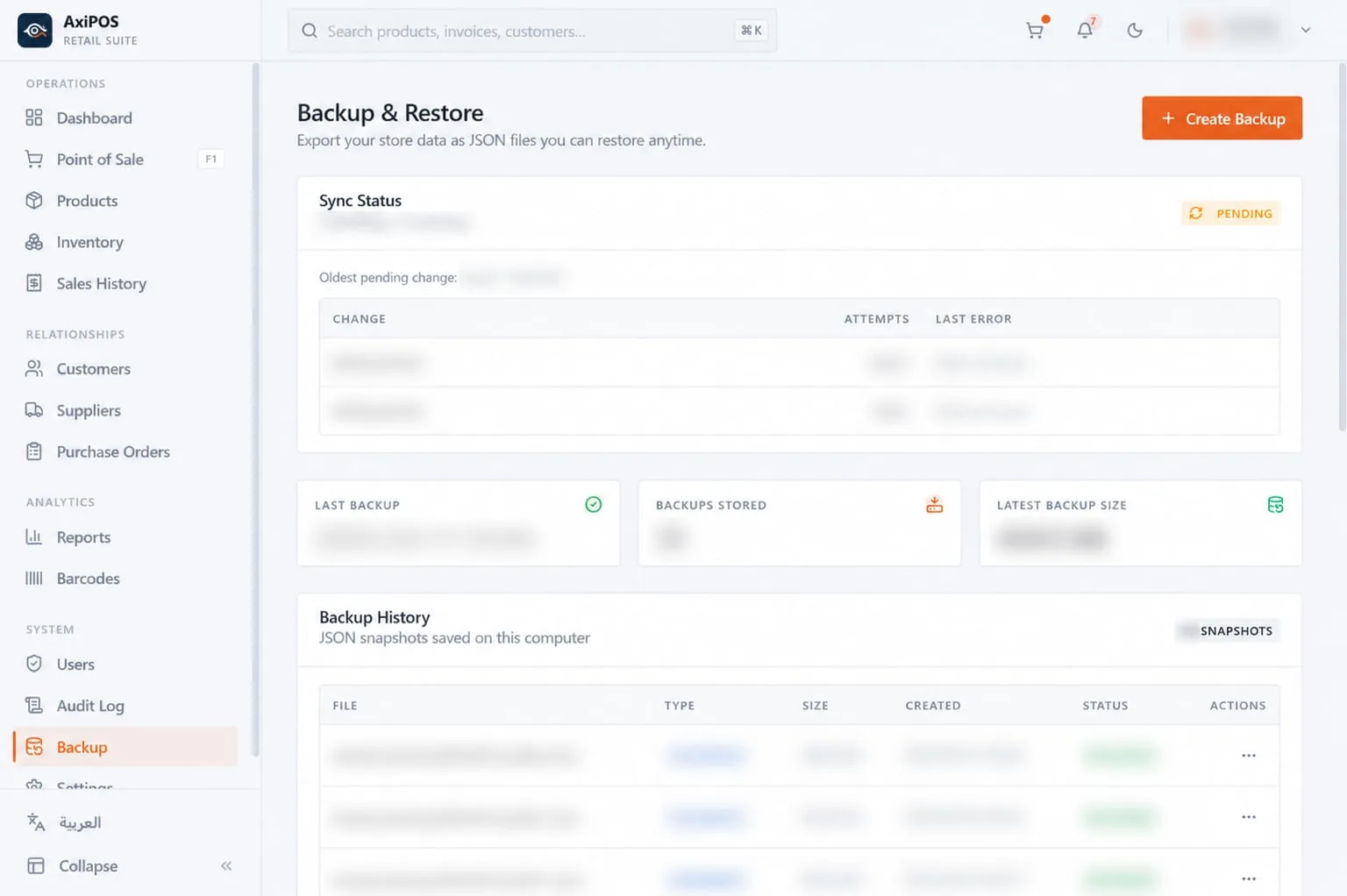 AxiPOS backup and restore interface with JSON snapshot management and sync status