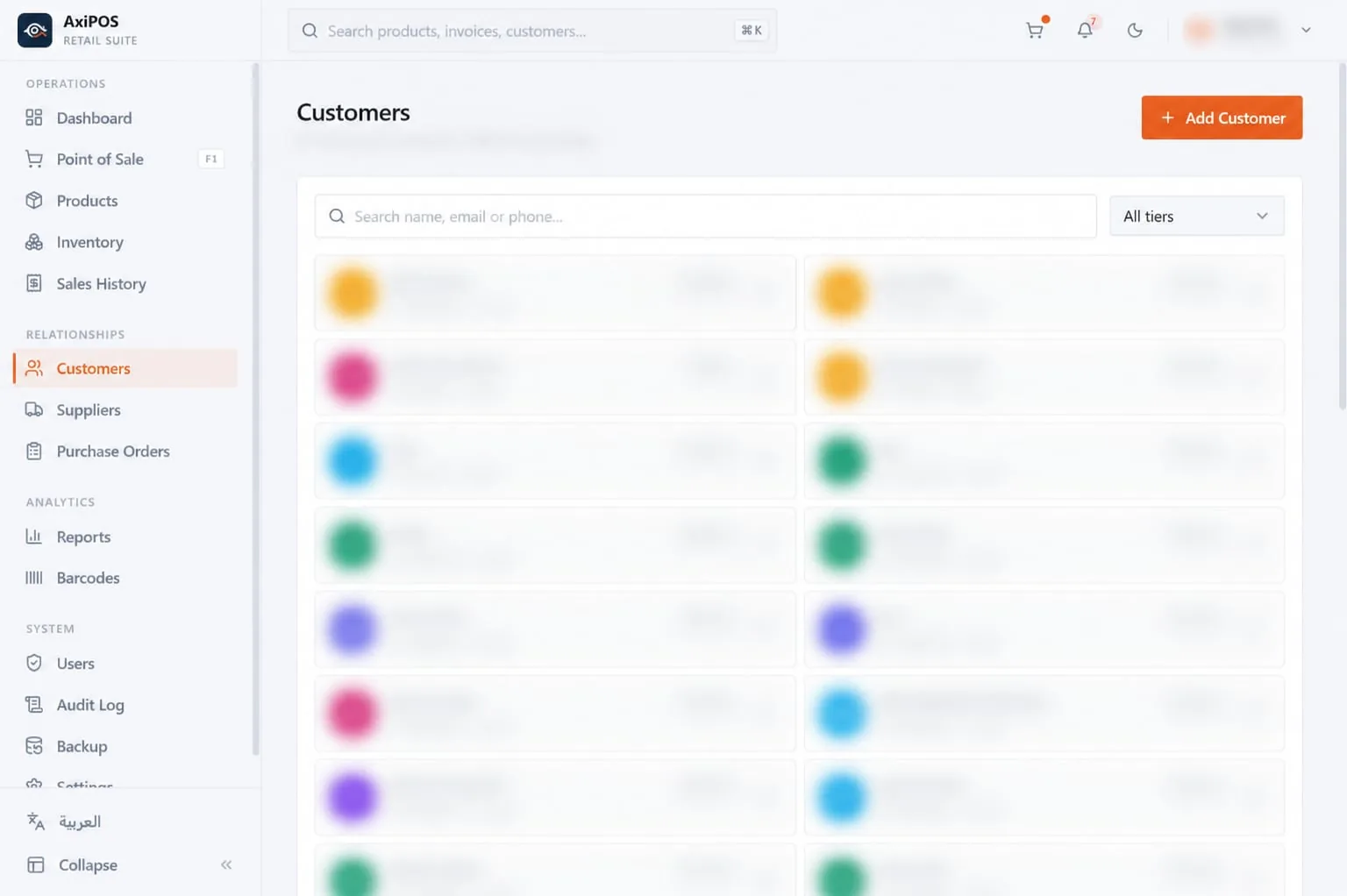 AxiPOS customer management interface with search, add customer form, and tier organization