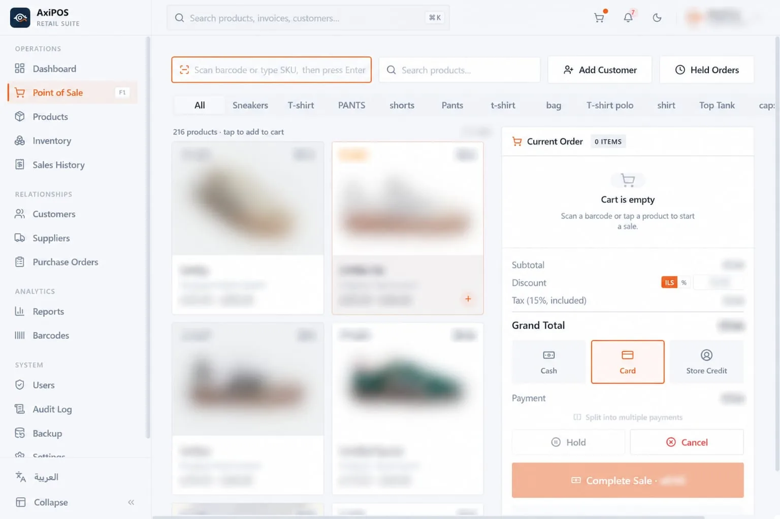 AxiPOS point of sale interface with product grid, shopping cart, and payment options