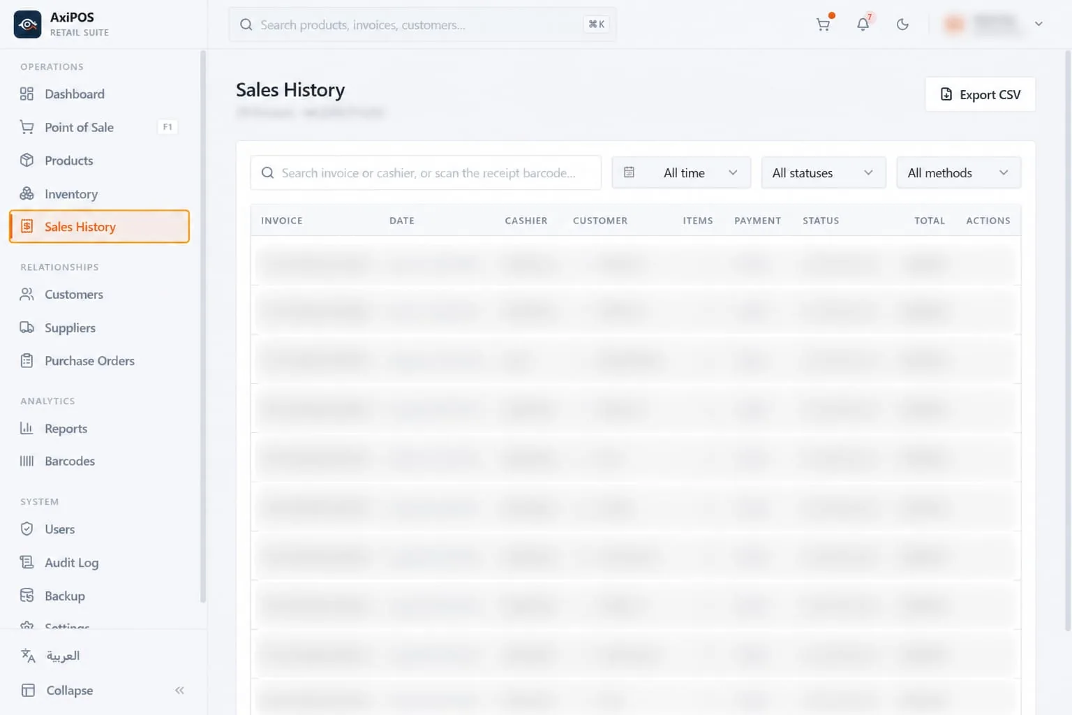 AxiPOS sales history with invoice search, status filters, and transaction details table