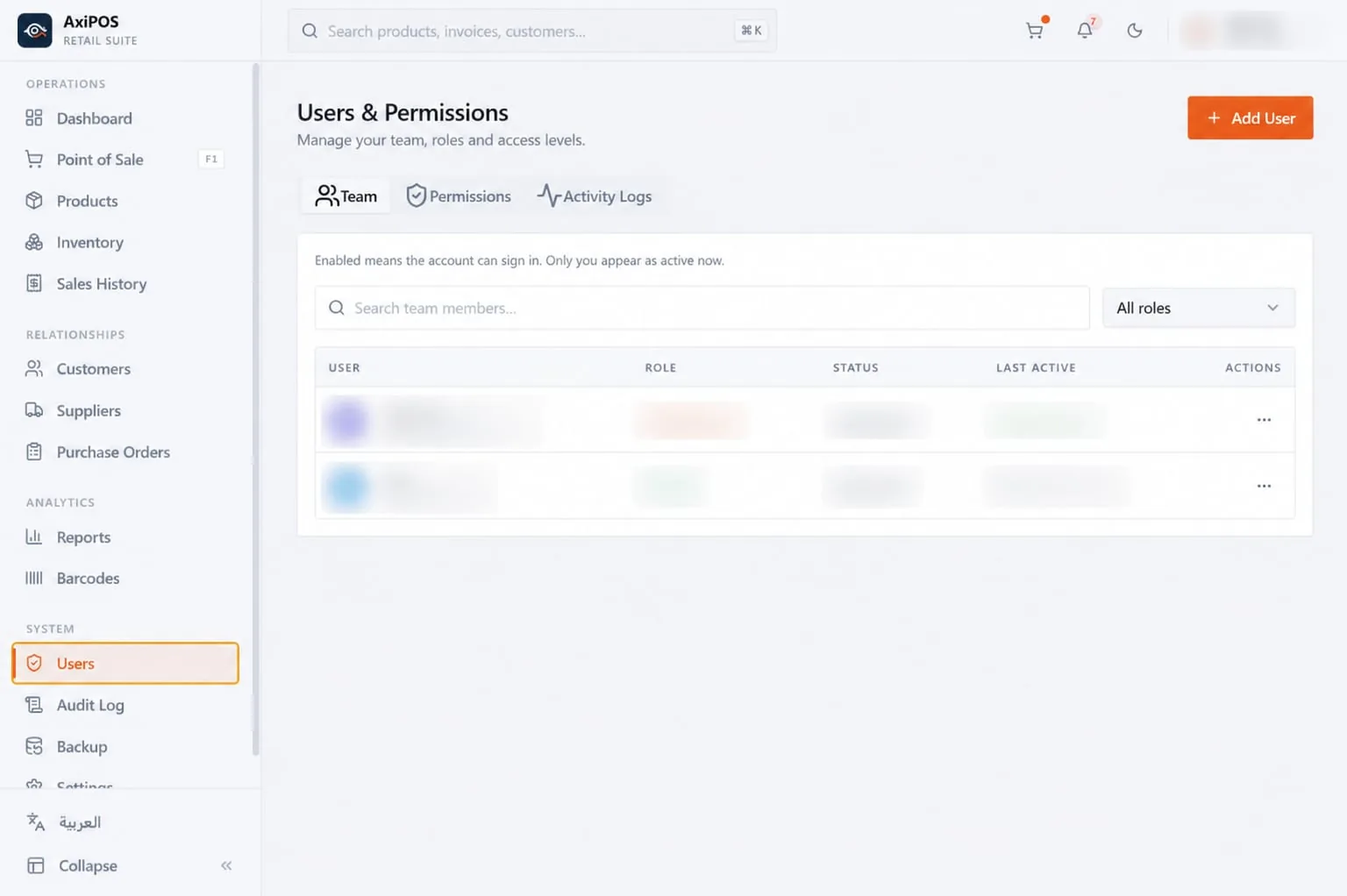 AxiPOS users and permissions management with role-based access control and activity logs